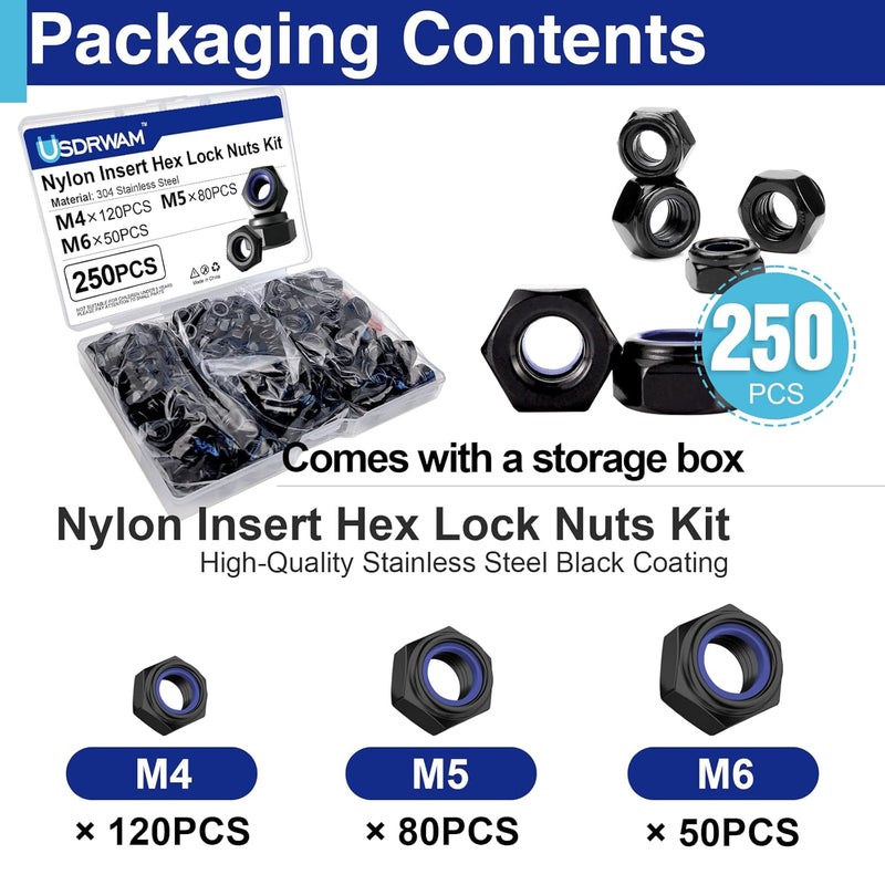 Usdrwam 250 Pcs Lock Nuts Assortment Kit M4 M5 M6, 304 Stainless Steel Black PVD Coated Nylon Insert Hex Nuts - Image 3